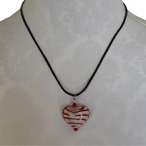 Glass Heart Pendant Necklace on Black Cord | Red & Silver Swirl | Artisan Style